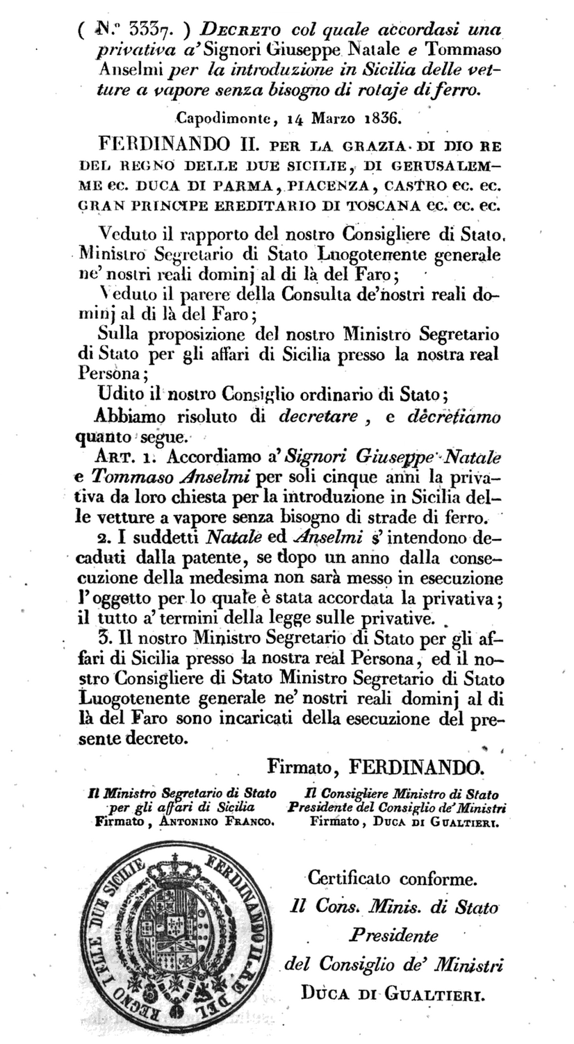 Decreto Ferdinando II automobile